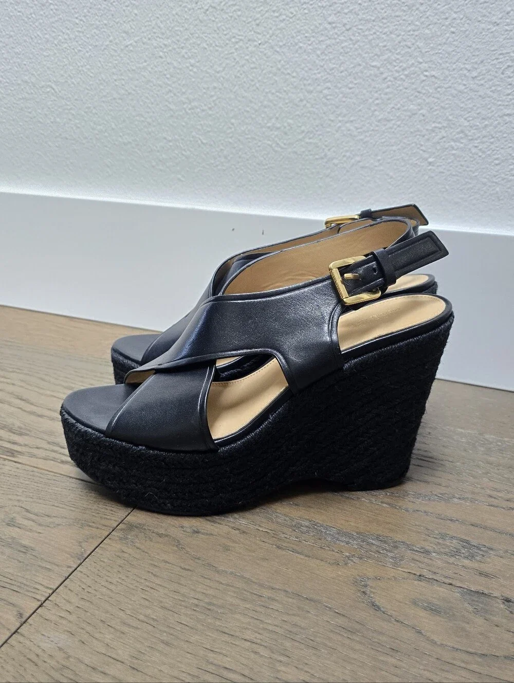 MICHAEL Michael Kors Angeline Jute & Leather Platform Wedge Sandal in Black